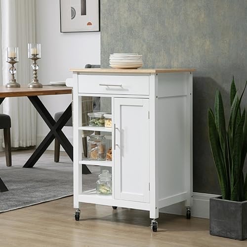 Kitchen Cart with Wood Tabletop - Rolling Serving Utility Trolley Cart - Mobile Kitchen Island with Storage - Microwave Cart on Wheels - 1 Drawer