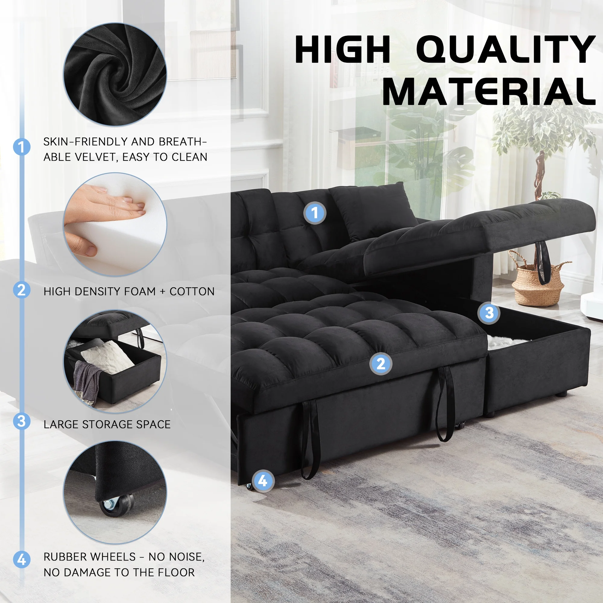 Muumblus 84" Convertible Sofa Bed, Pull Out Sofa Bed, Modern Tufted Sectional Sleeper Sofa with Storage Chaise, L Shaped Sofa Couch for Living Room