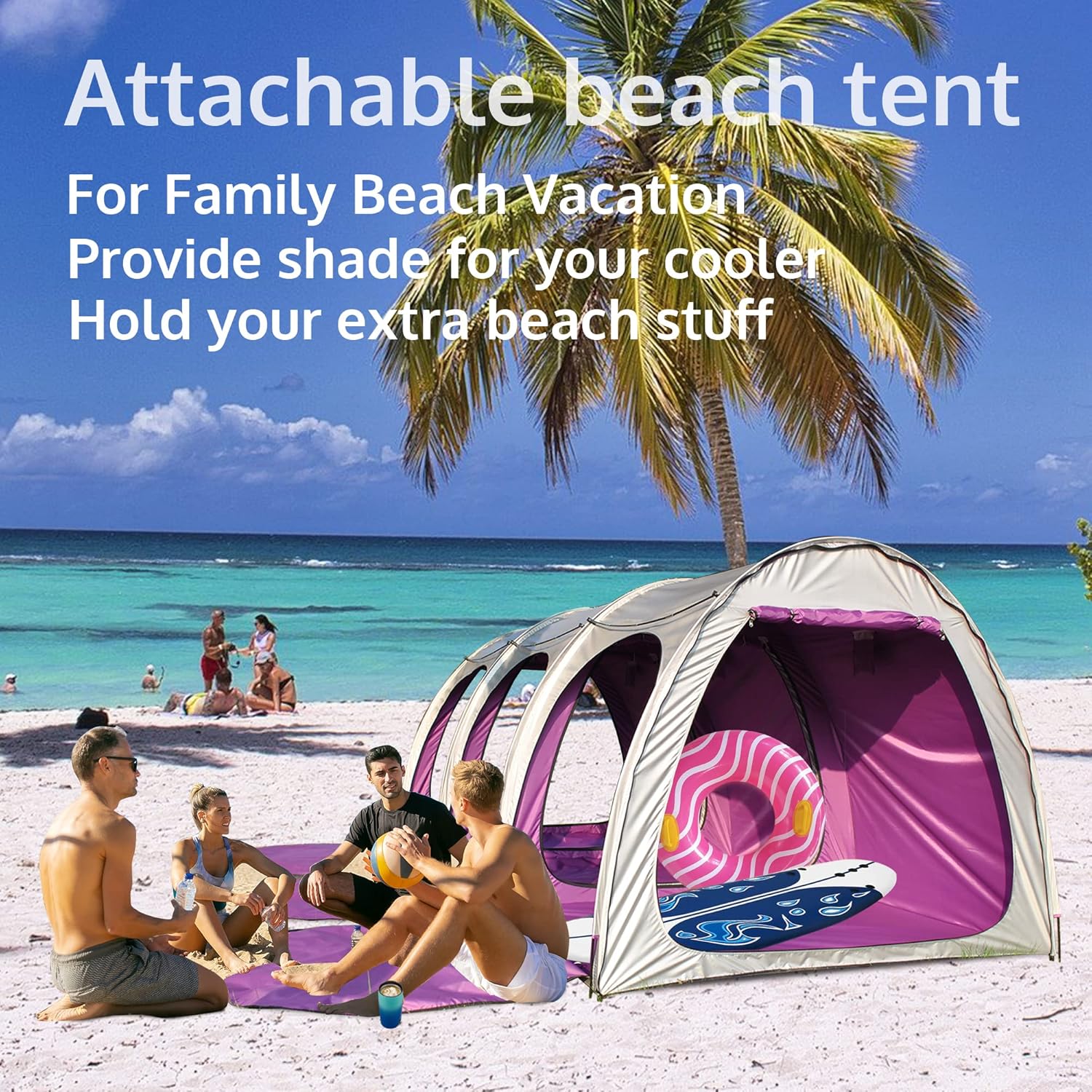 Attachable Beach Tent Sun Shelter 4 Person Heat and Light-Blocking UPF50+ UV Protection Sun Shade Easy Setup for A Family Vacation