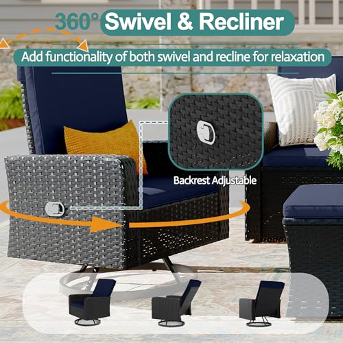 6 Piece Patio Furniture Set, Wicker Patio Conversation Sets with Swivel & Recline Chairs, Outdoor Sectional Sofa Sets with 2 Storage Ottoman