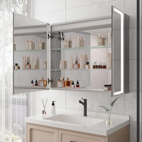 Medicine Cabinet with LED Vanity Mirror, Anti-Fog, Dimmable, Recessed or Surface Mount