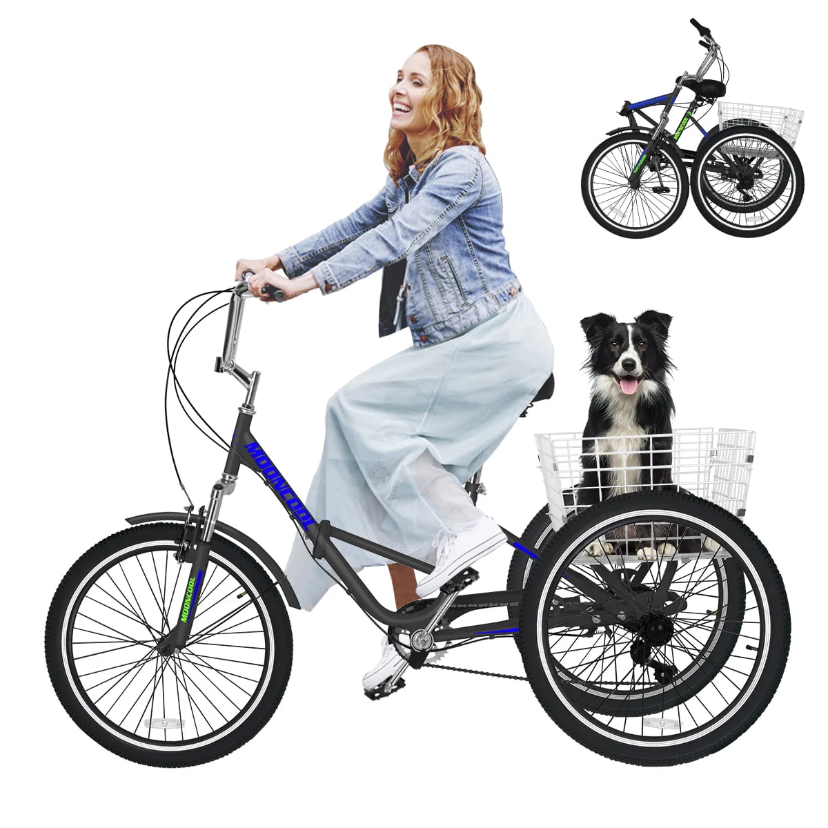 MOONCOOL Adult Folding Tricycle for Adults, 7 Speed 20/24/26 inch 3 Wheels Bikes with Basket, Foldable Tricycle for Adults, Women, Men, Seniors