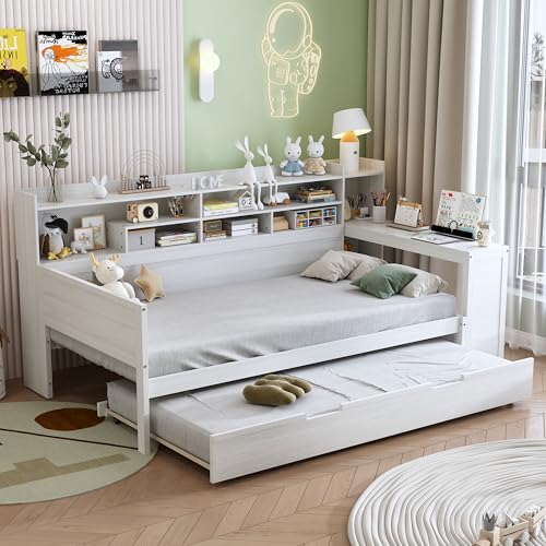Corner Twin Bed Frame with Bookcase Storage and Desk, Wood Day Beds with 2 Drawers, Twin Size Daybed with Storage for Living Room