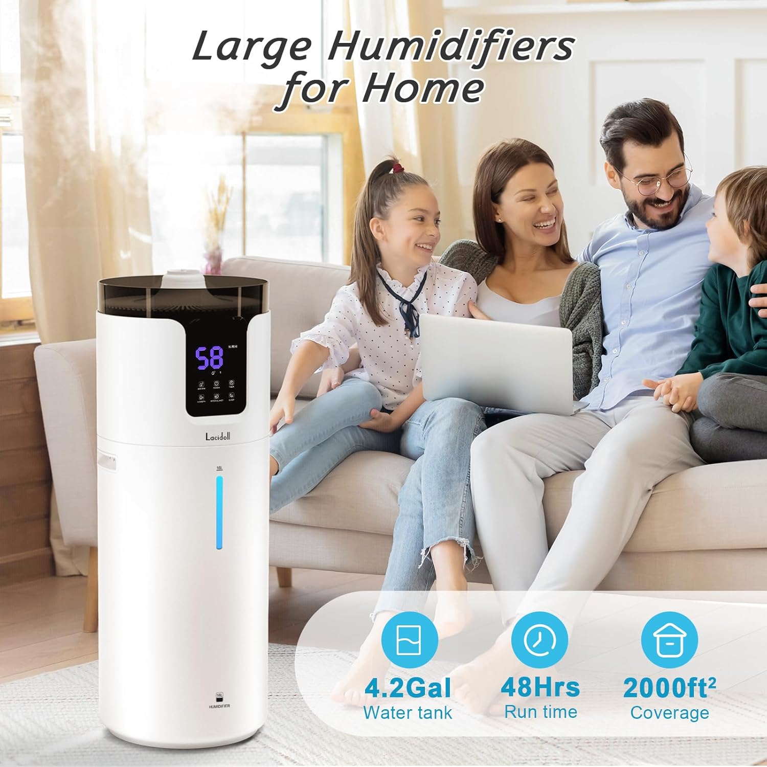 Humidifiers for Home, 16L/4.2Gal Whole house Humidifier 2000 sq.ft. Ultrasonic Cool Mist Large Room Humidifier with Extension Tube