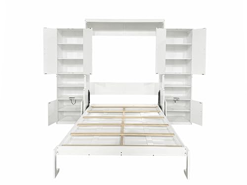Queen Size Murphy Bed with Desk & Charging Station,Wall Bed Frame Folding into Cabinet Design w/LED & Storage Shelf for Small Space,Bedroom