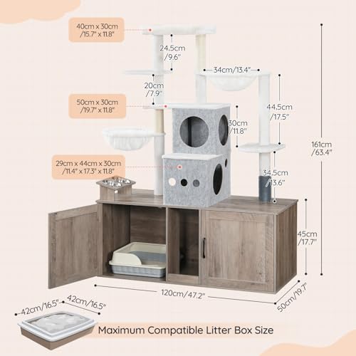 HOOBRO Cat Tree with 47.2" Dual Litter Box Enclosure, 63.4" Tall Multi-Functional Tower for Cats, Hidden Litter Box Enclosure Furniture