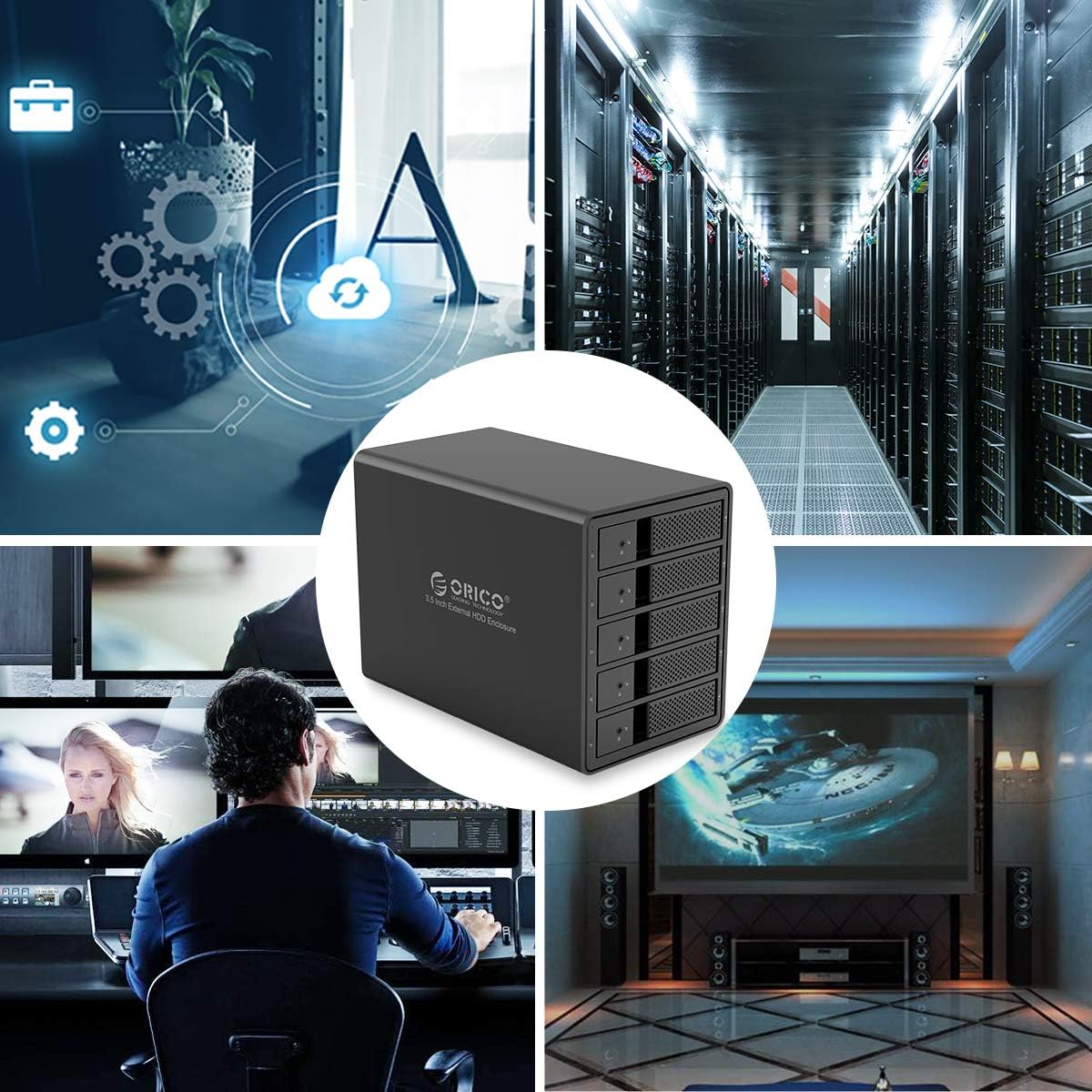 ORICO 5 Bay External Hard Drive Enclosure USB 3.0 3.5 inch Chia Support 80TB (5 x 16TB) Aluminum Alloy HDD Enclosure with Fan / 150W Disk Data