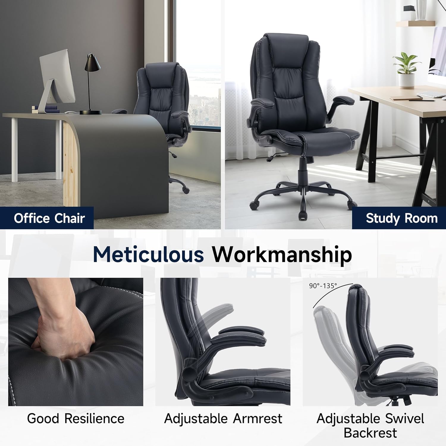 Big and Tall Office Chair,High Back Executive Office Chair with Flip-up Armrest,PU Leather Ergonomic Office Chair with Back Lumbar Support