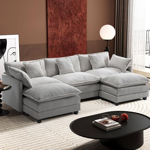 Ihanherry 111.4" U Shaped Modern Cloud Sofa Modular Sectional Couch with 2 Ottoman, 5-Seat Chenille Deep Seat Sofa with Pillow for Living Room