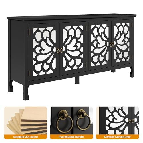 RoyalCraft Buffet Cabinet with Mirror Butterfly Carved Door, 63'' Sideboard Cabinet with Adjustable Shelves