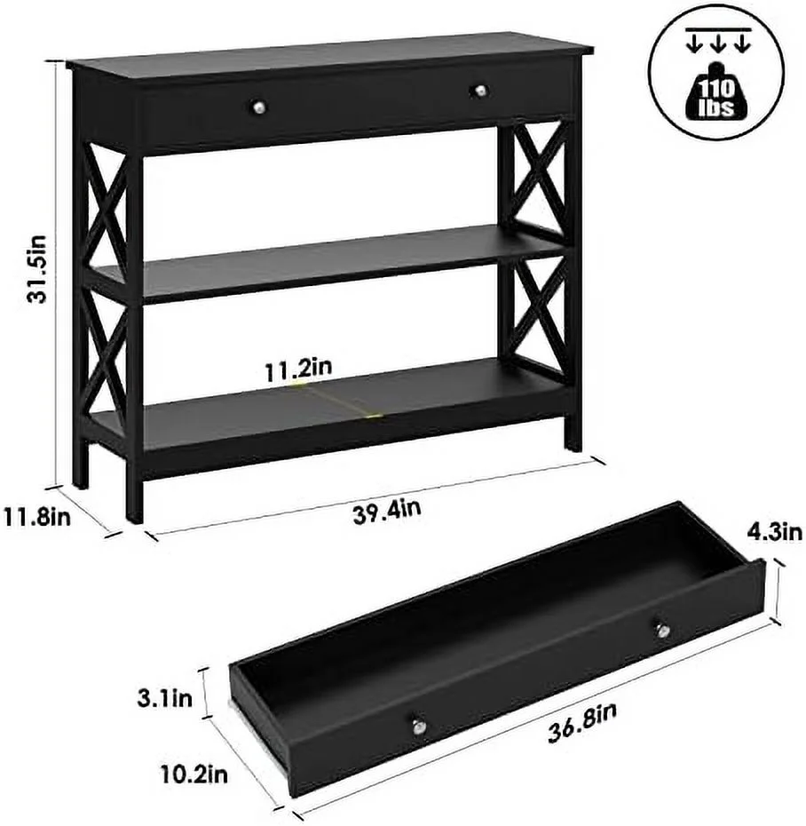 3-Tier Console Table with 1 Drawer and 2 Open Shelves  Narrow Wood Hallway Table Entry Table  X-Shaped Side Sofa Table for Living Room  Easy Assembly
