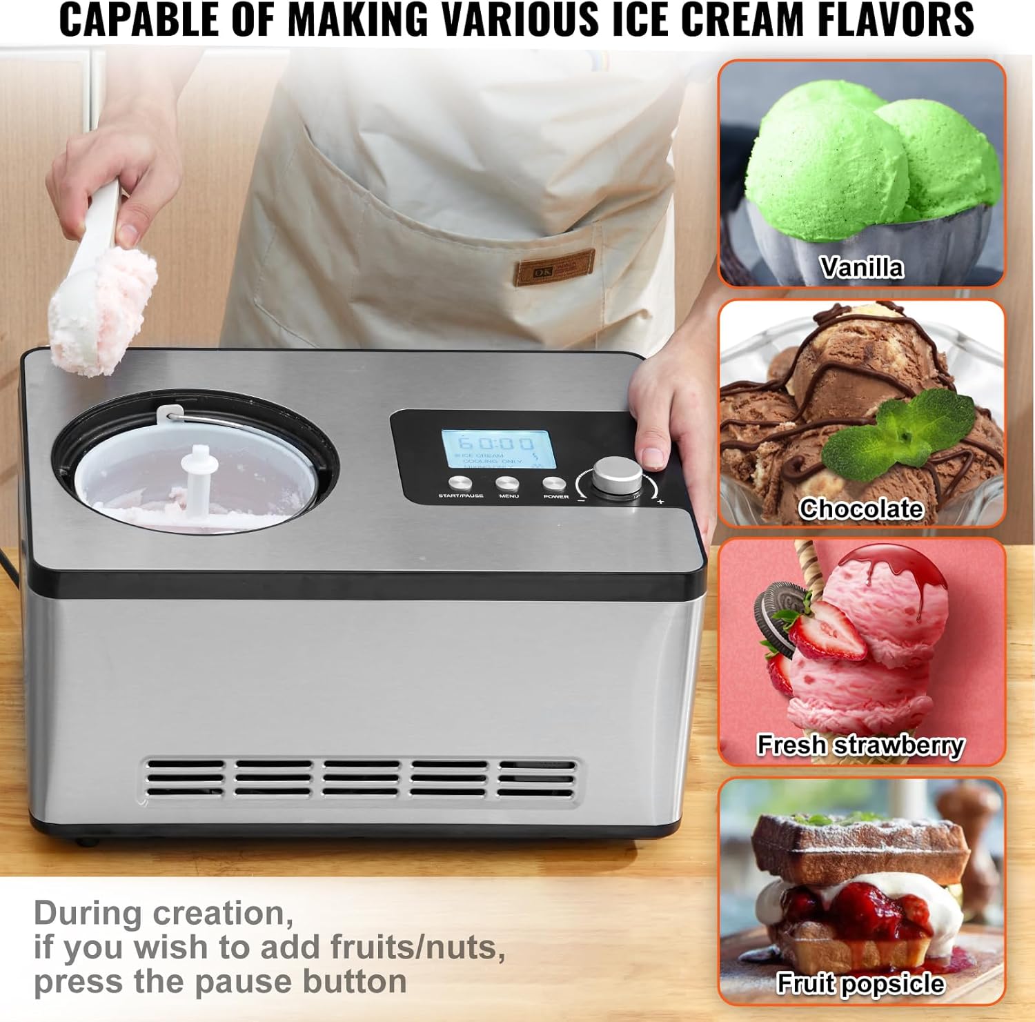 VEVOR Automatic Ice Cream Maker with Built-in Compressor, 2 Quart No Pre-freezing Fruit Yogurt Machine, Stainless Steel Electric Sorbet Maker
