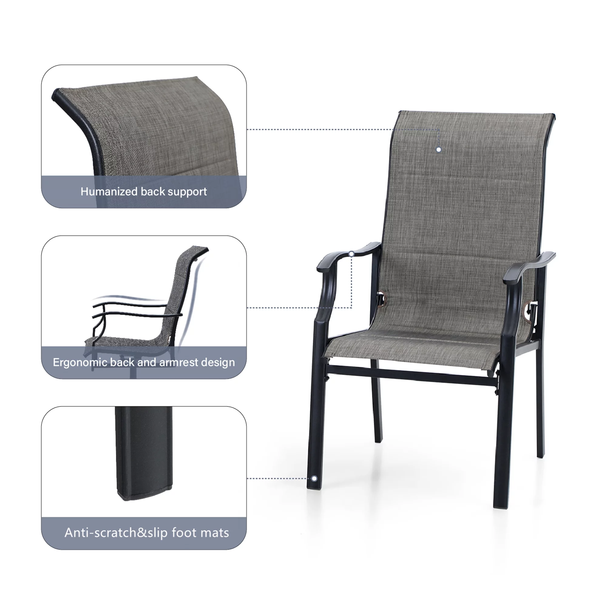 MF Studio 7 Pieces Outdoor Patio Dining Set with 6 Padded Textilene Chairs & Rectangular Steel Frame Table, Black & Gray
