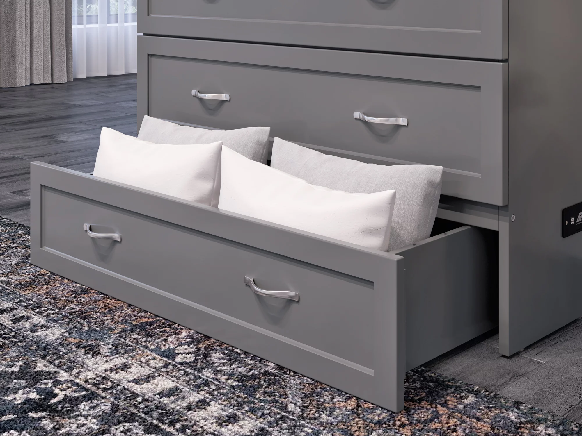 AFI Northfield Twin XL Solid Wood Murphy Bed Chest with Mattress, Drawer & Charger, Grey