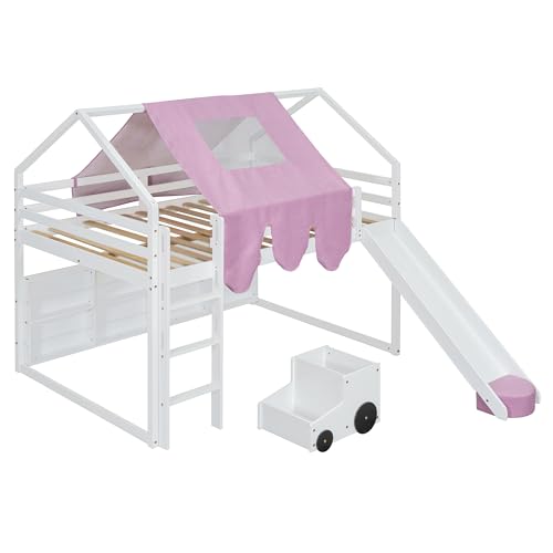 Harper & Bright Designs Kids Twin Low Loft Bed with Slide and Storage Shelves, Wood Playhouse Loft Bed Frame with a Tent & Stairs
