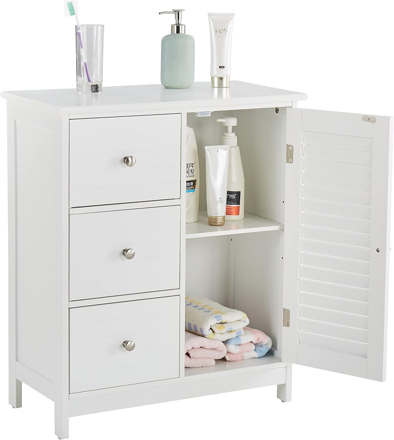 HoorLang White Bathroom Storage Cabinet with 3 Drawers and 1 Two Layers Cabinet