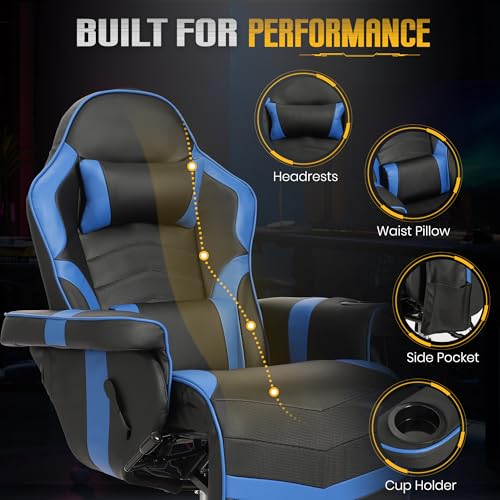 Massage Gaming Recliner Chair with Cup Holder & Side Pockets – Ergonomic PU Leather Video Gaming Chair with Footrest, Manual Recline