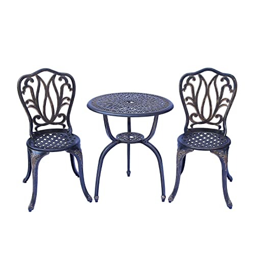 C/G 3 Piece Bistro Set,Outdoor Patio Set,Anti-Rust Cast Aluminum Bistro Table Set for Park Yard Front Porch Furniture(Antique Copper)