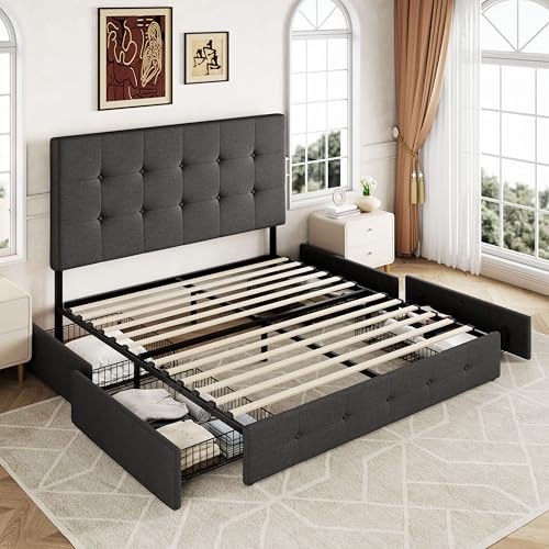 Allewie Upholstered Queen Size Platform Bed Frame with 4 Storage Drawers and Headboard, Square Stitched Button Tufted