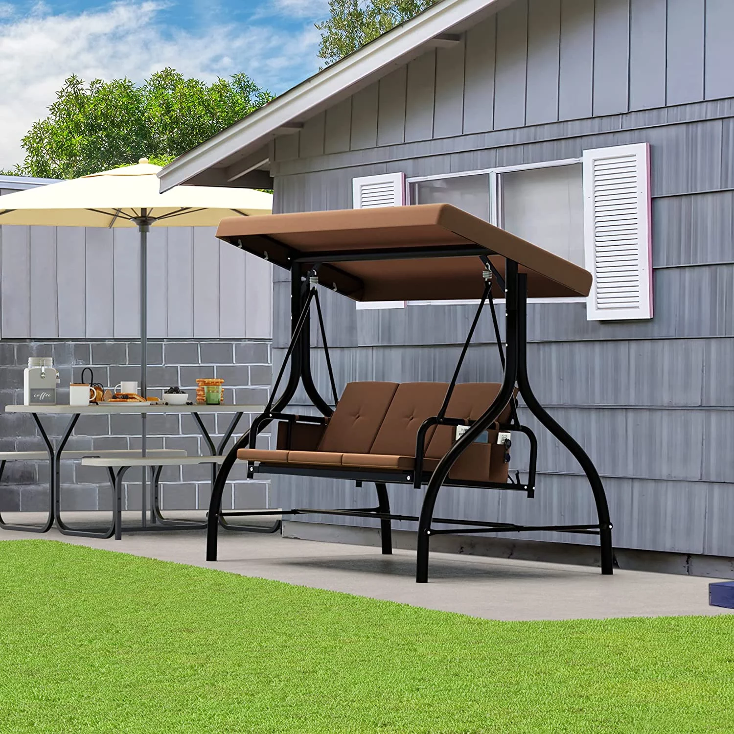 Dextrus Porch Swing Bed 3-Seats Outdoor Patio Swing Heavy Duty Swing Chair with Adjustable Canopy Removable Cushion, Suitable for Adult in Garden