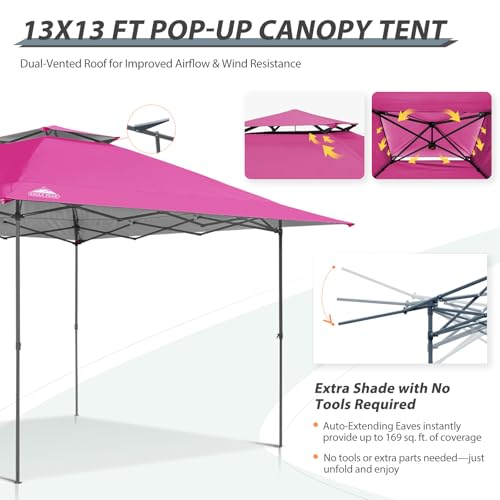 EAGLE PEAK 13x13 Straight Leg Pop Up Canopy Tent Instant Outdoor Canopy Easy Single Person Set up Folding Shelter w/Auto Extending Eaves 169 Square