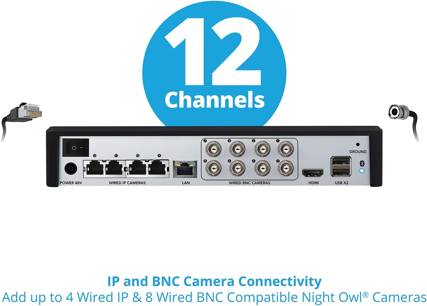 Night Owl Expandable 12 Channel Wired Bluetooth DVR with (8) Wired BNC and (2) Wired IP 4K UHD Spotlight Cameras and 2TB Hard Drive
