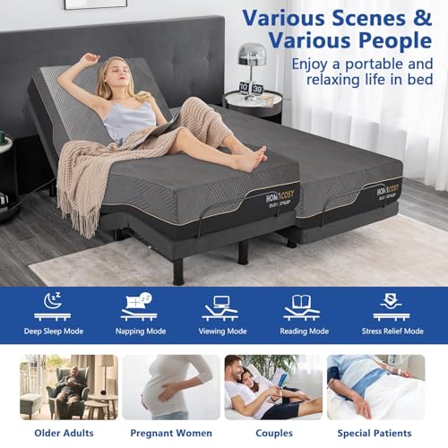 Split King Adjustable Bed Frame with Mattress, 12 Inch Grey Gel Memory Foam Medium-Firm Mattress in Box