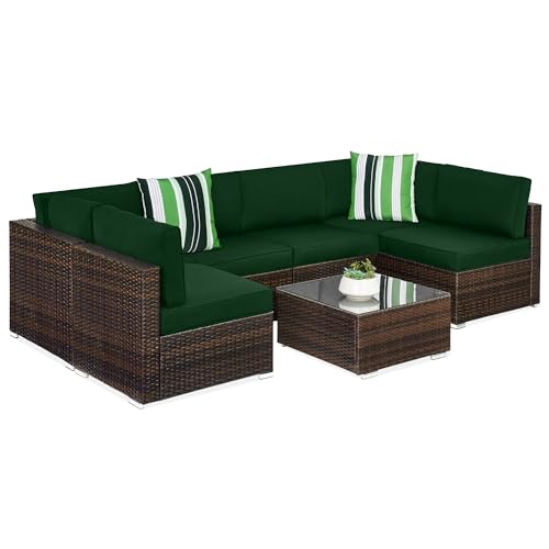 Best Choice Products 7-Piece Modular Outdoor Sectional Wicker Patio Conversation Set w/ 2 Pillows, Coffee Table, Cover Included - Gray/Navy