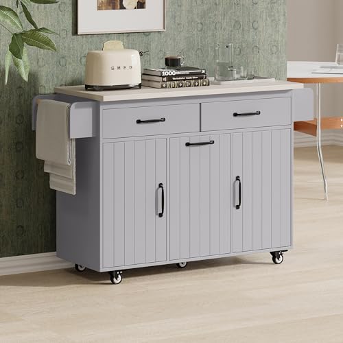 Farmhouse Kitchen Island with Power Outlet, Drop Leaf, Spice Rack and Drawer,Rolling Kitchen Cart on Wheels