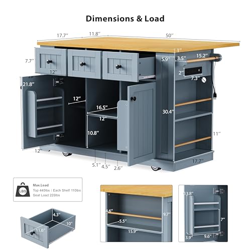 Rolling Kitchen Island with Drop Leaf & Power Outlet, Large Kitchen Islands Cart on Wheels