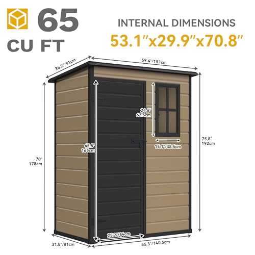 DWVO 5x3ft Resin Outdoor Storage Shed with Floor, Waterproof Lockable Storage Shed with Window, Plastic Outside Tool Storage for Garden, Backyard