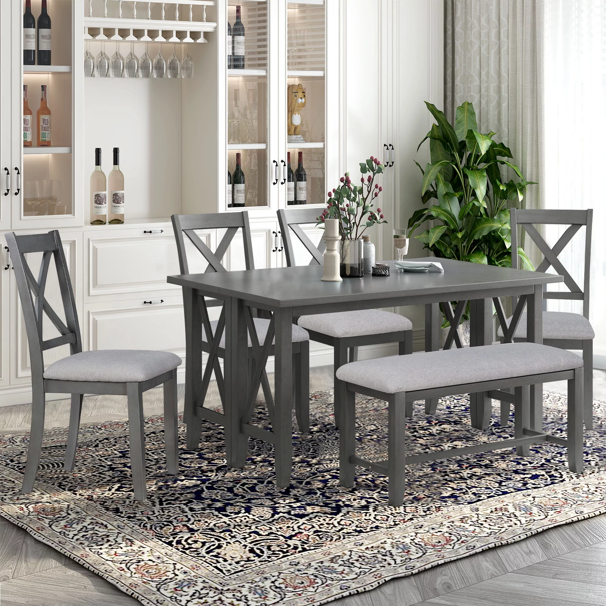 CoSoTower 6-Piece Family Dining Room Set Solid Wood Space Saving Foldable Table and 4 Chairs with Bench for Dining Room, Gray