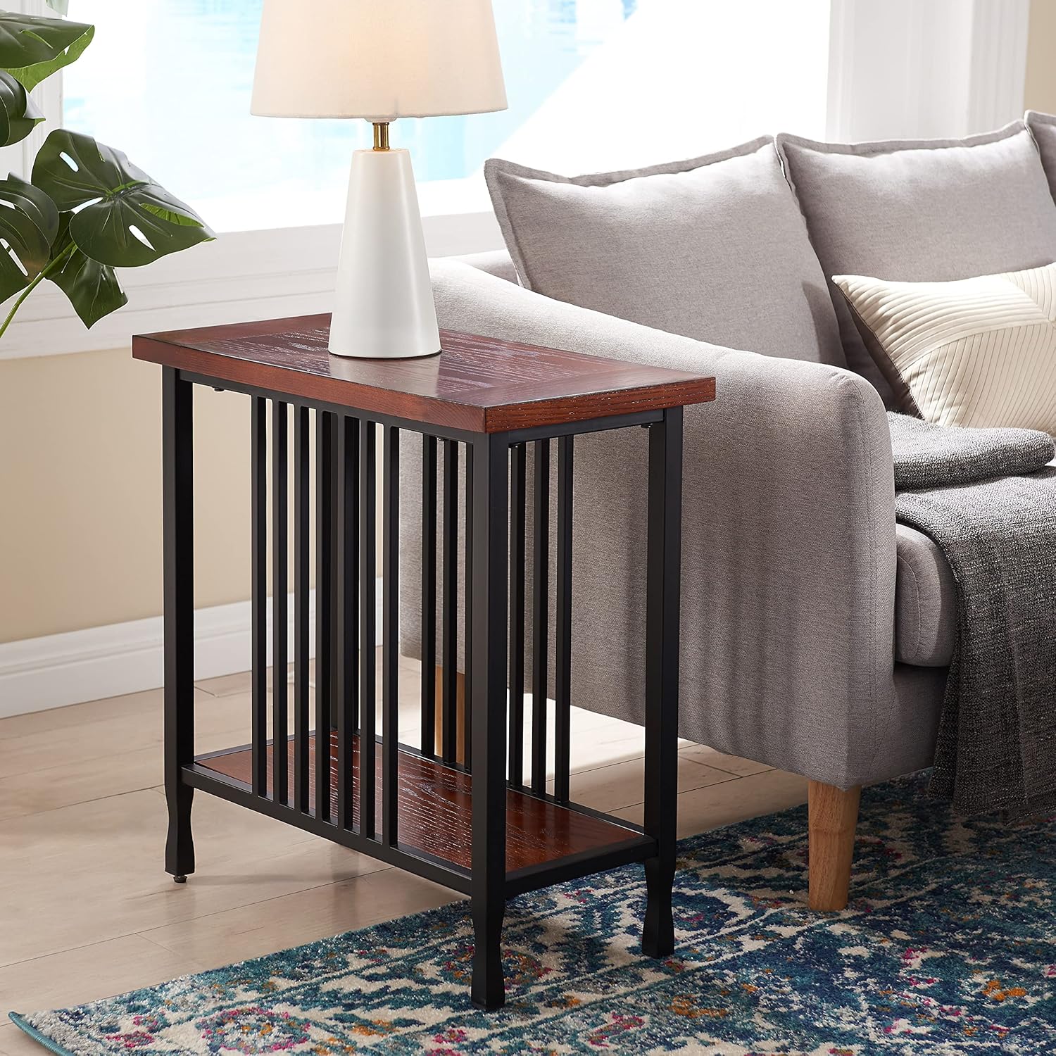 Leick Home 11205 Ironcraft Rustic Narrow Chairside Table with Shelf, Mission Oak and Matte Black