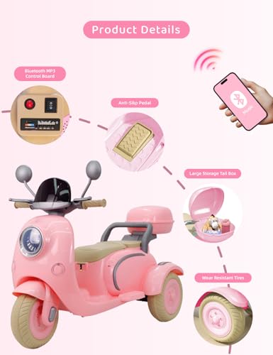 Kids Electric Motorcycle,3 Wheel Bike, Electric Scooter for 3 Year Old,3-Wheel 12V Ride On Scooter for Kids with Storage Compartments