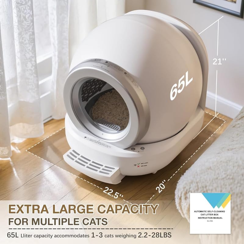 Greesum Self Cleaning Automatic Cat Litter Box, Litter Robot for Multiple Cats, Safe/APP Control/Low Noise Litter Box with Mat and 2 Roll Garbage Bags