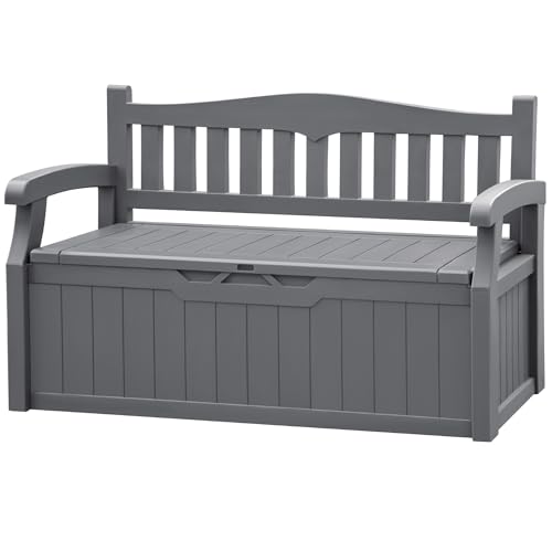 JUMMICO 80 Gallon Resin Outdoor Storage Bench, Large Deck Box with Armrest, Lockable & Waterproof for Garden, Home, Patio, Pools (Black)