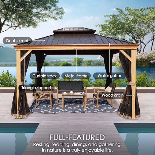 Kozyard Apollo 10’x12’ Hardtop Gazebo, Wooden Coated Aluminum Frame Canopy with Galvanized Steel Double Roof