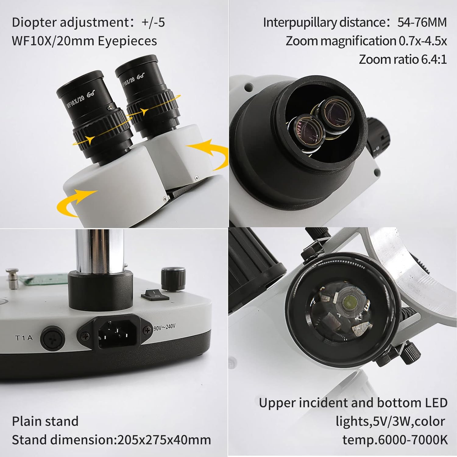 SWIFT Digital Professional Trinocular Stereo Zoom Microscope,WF10X Eyepieces,3.5X-90X Magnification,0.7X-4.5X Zoom Objective,56-Bulb LED Ring Light