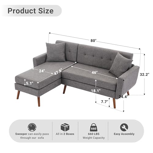 Tbfit L Shaped Couch Sofa, 80" W Mid-Century Modern Sectional Couches, 3 Seater Sofas with Wide Chaise Lounge & Two Pillows