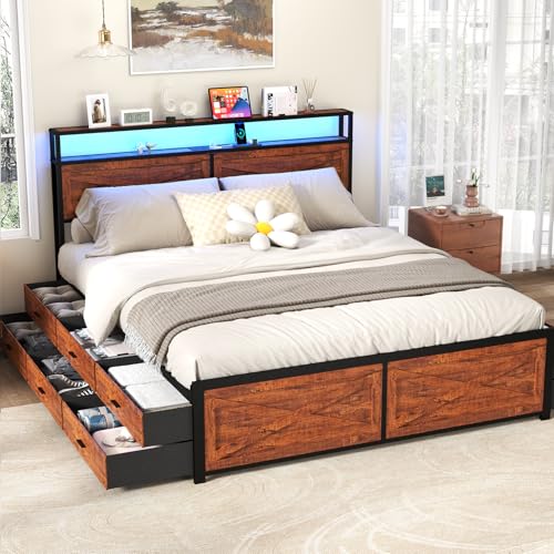 Full Size Bed Frame with Headboard, LED Platform Bed with 4 Storage Drawers, Built in Charging Station, Noise-Free, Metal Support Base