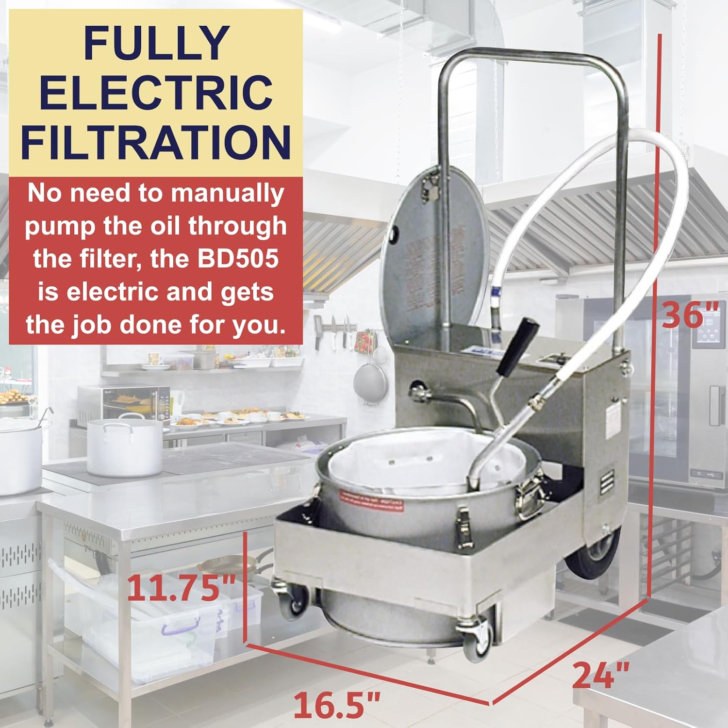 MirOil BD505 Deep Fryer Filter Machine | Electric Filter Machine and Discard Trolley for 55lb Fry Oil |Made in USA | Fryer Oil Cleaner and Portable