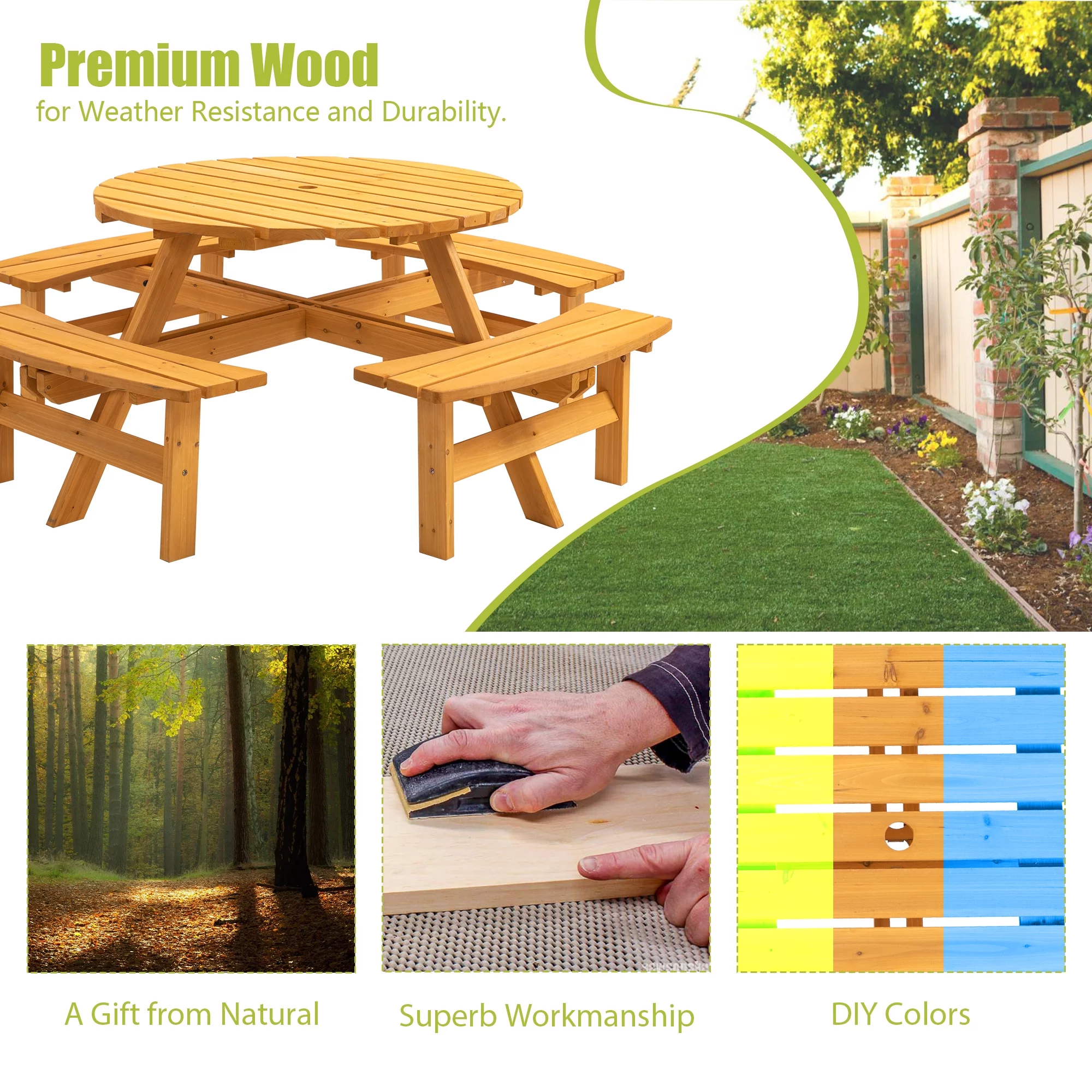 Outdoor 8-Person Circular Wooden Picnic Table w/ 4 Built-in Benches 2220lb Capacity for Garden, Patio, Backyard - Natural