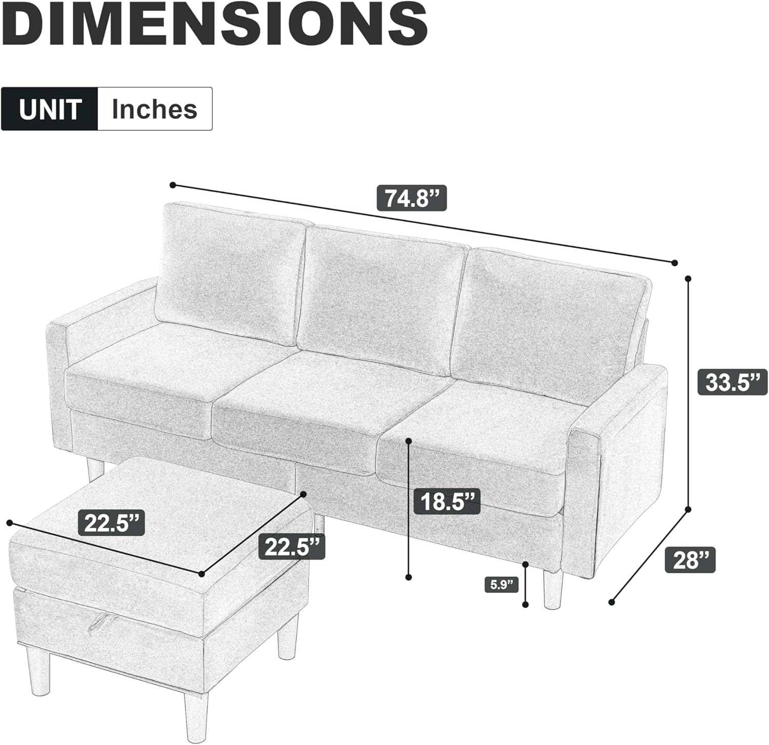 Convertible Sectional Sofa, L Shaped Couch with Storage Reversible Ottoman Bench