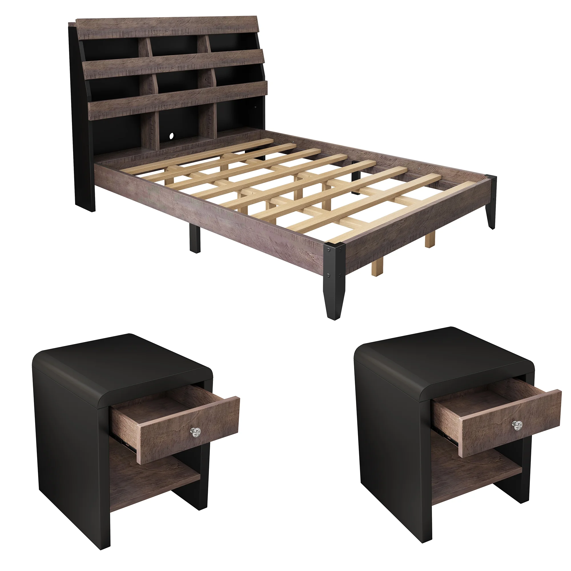 3 Pieces Bedroom Sets Mid Century Modern Style Queen Bed Frame with Bookshelf and LED Lights and USB Port and Two Nightstands, Walnut and Black