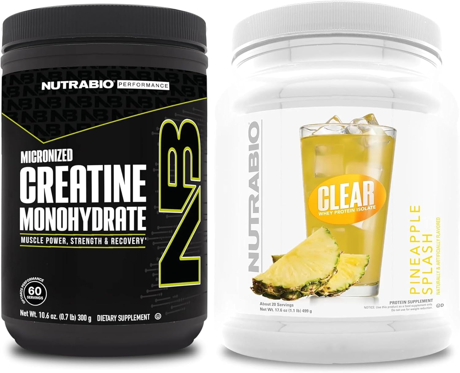 NutraBio Creatine Monohydrate, Unflavored, (300 g) and Clear Whey Protein Isolate, (Pineapple Splash) Supplement Bundle – Muscle Energy