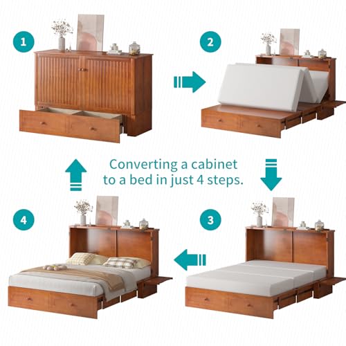 BALUS Murphy Cabinet Bed, Queen Cabinet Chest Bed with USB Charging Station, Tri-Fold Mattress