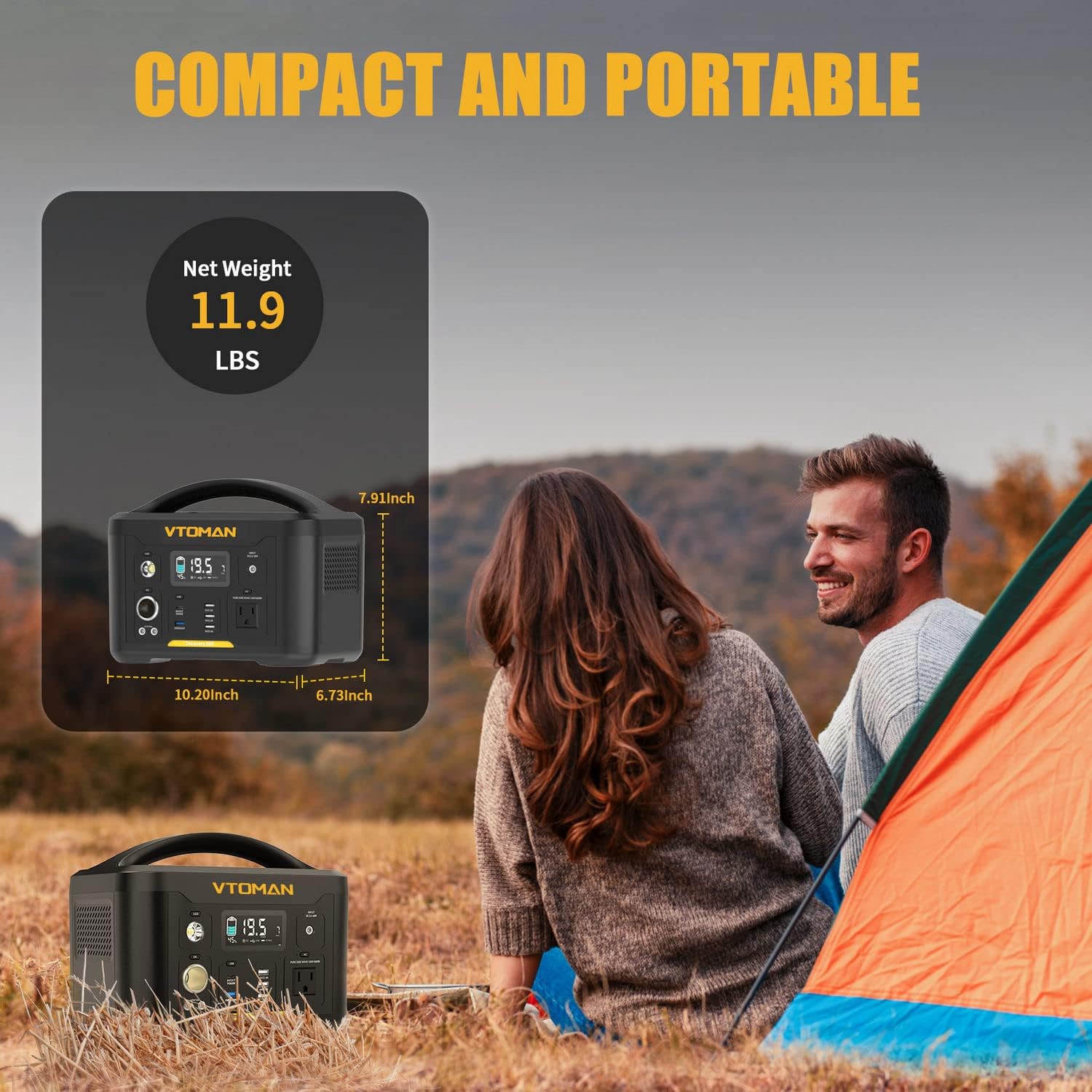 VTOMAN Portable Power Station 600W, 626Wh Battery Powered Outdoor Generator with 600W AC Outlet(Peak 1200W)/12V DC/60W PD/QC3.0