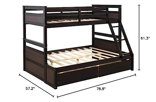 Twin Over Full Bunk Bed with Ladder, Solid Wood Bunk Beds Twin Over Full Size with Guardrail, Twin Over Full Bunk Bed Frame