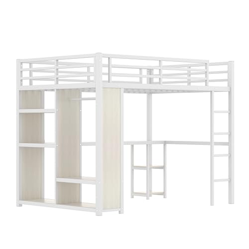 Bellemave Queen Size loft Bed with L Desk, Wardrobe, Metal Queen Loft Bed Frame for Adults, Kids, Teens, Black
