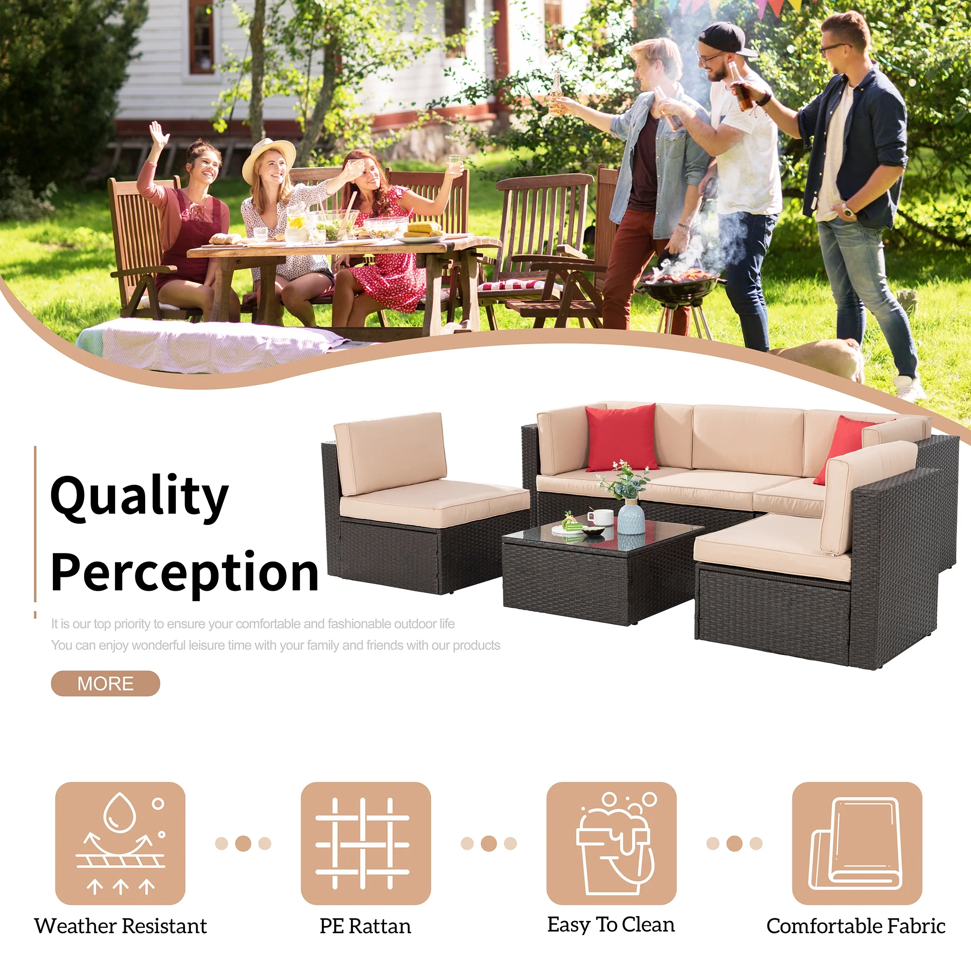 Walsunny 6 Pieces Patio Furniture Sets Outdoor All-Weather Sectional Patio Sofa Set PE Rattan Manual Weaving Wicker Patio Conversation Set Beige